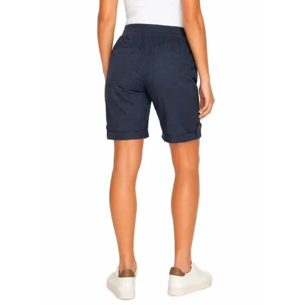 Briggs Womens Pull-On Bermuda Shorts Navy Blue Cotton Linen Blend Pockets XS